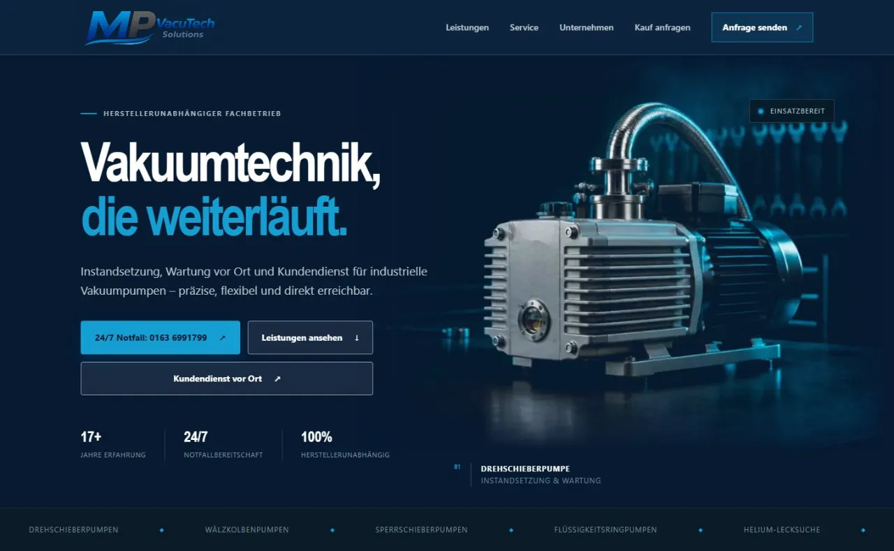 Startseite von MP VacuTech Solutions auf einem Laptop